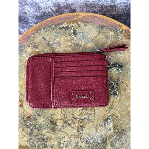 The Sak Leather Wallet Red Heart Embroidered Zip Small Keychain Boho Card Case - Picture 3 of 7